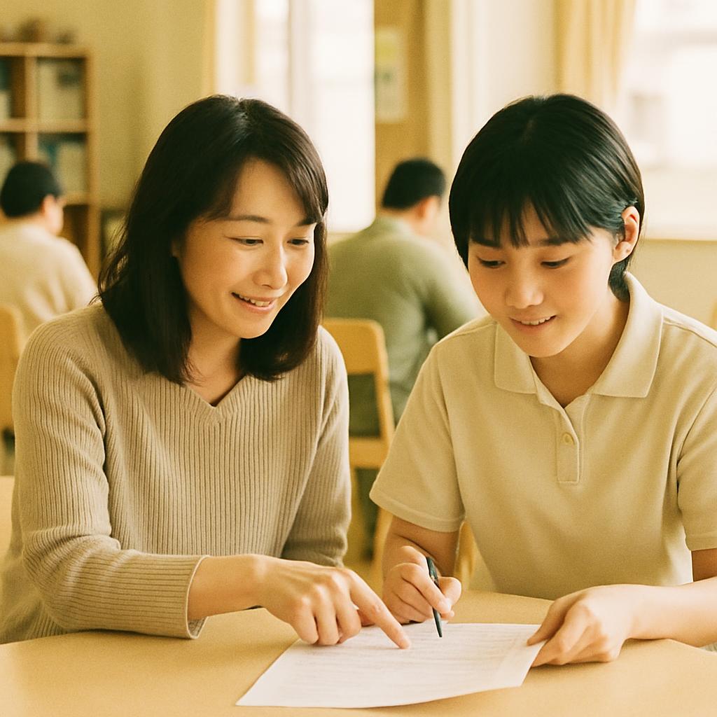 先輩と話すスタッフ
